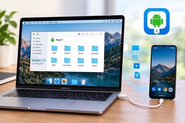 Mac con el Finder abierto sobre la carpeta de un teléfono Android, conectado por cable